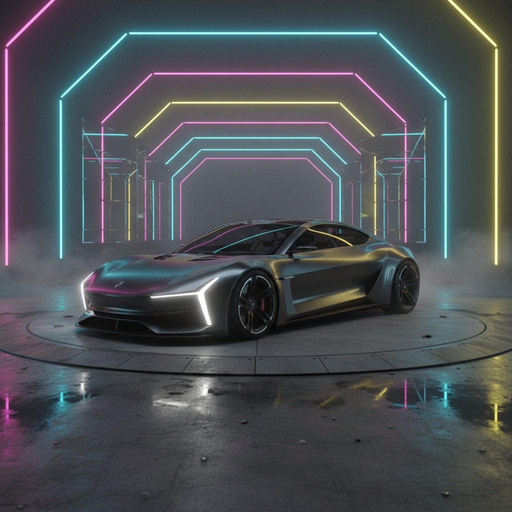 Neon Arclight tri-arch supercar on turntable