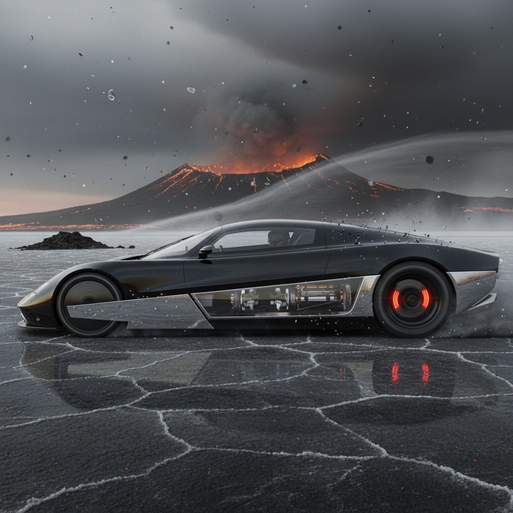 Impossible streamliner on ash-choked salt flats