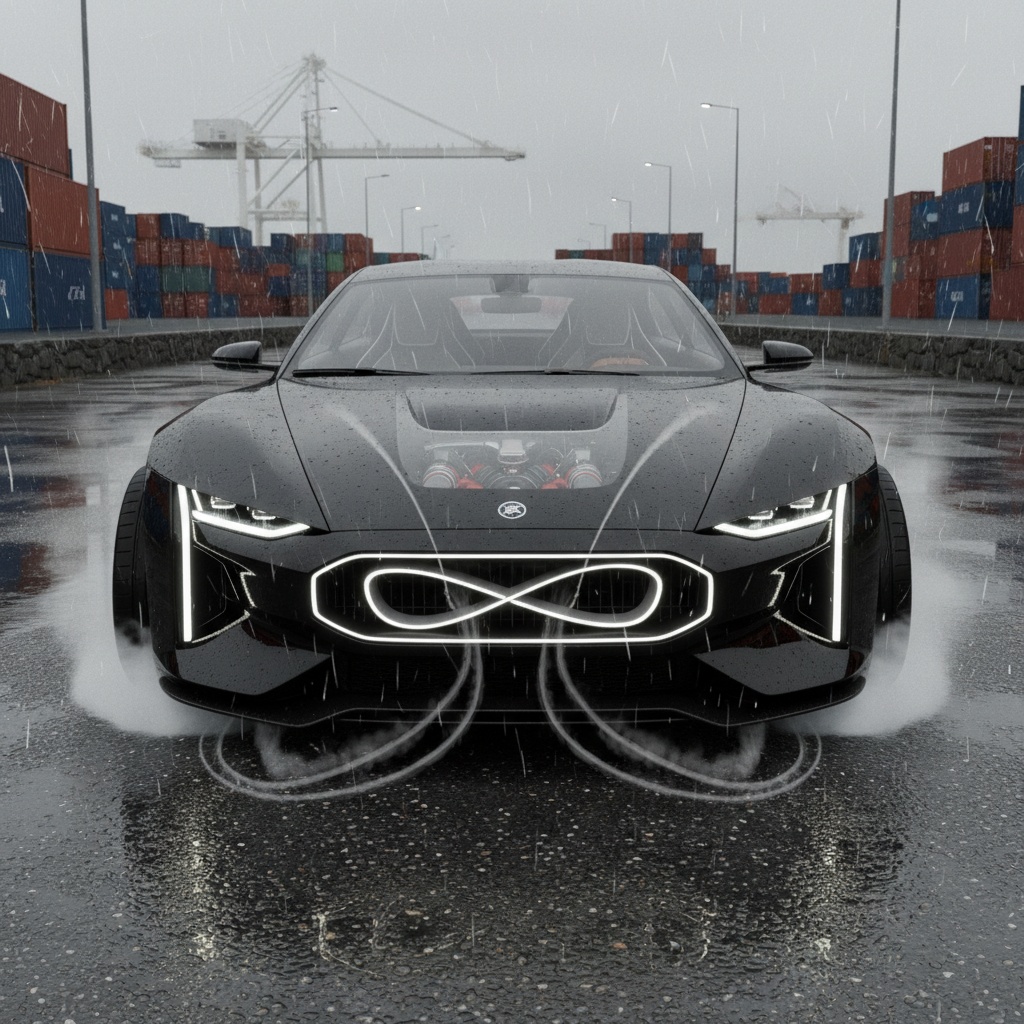 Wet mirror-black aero sedan, surreal physics