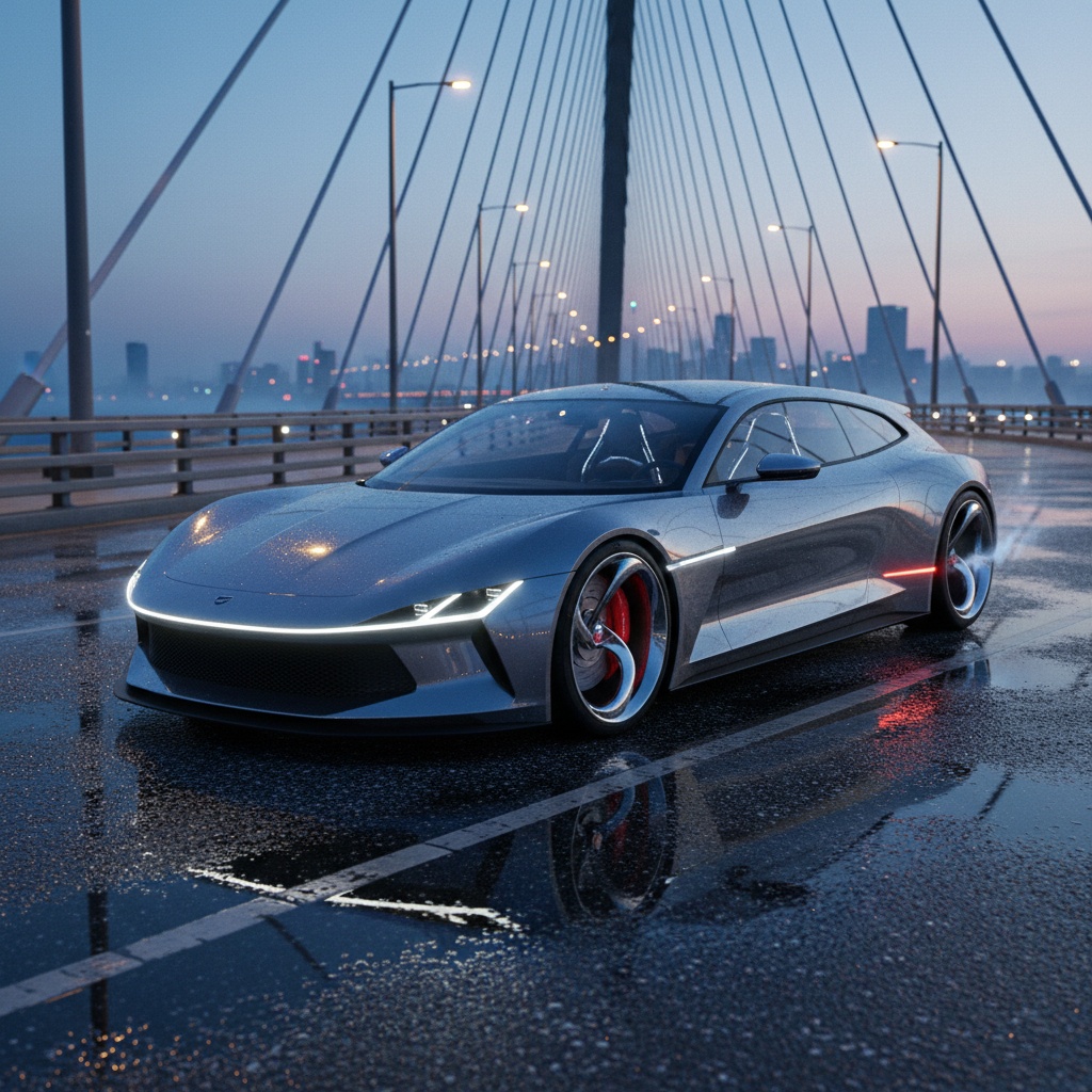 Möbius-wheel hyper-coupe, blue-hour bridge